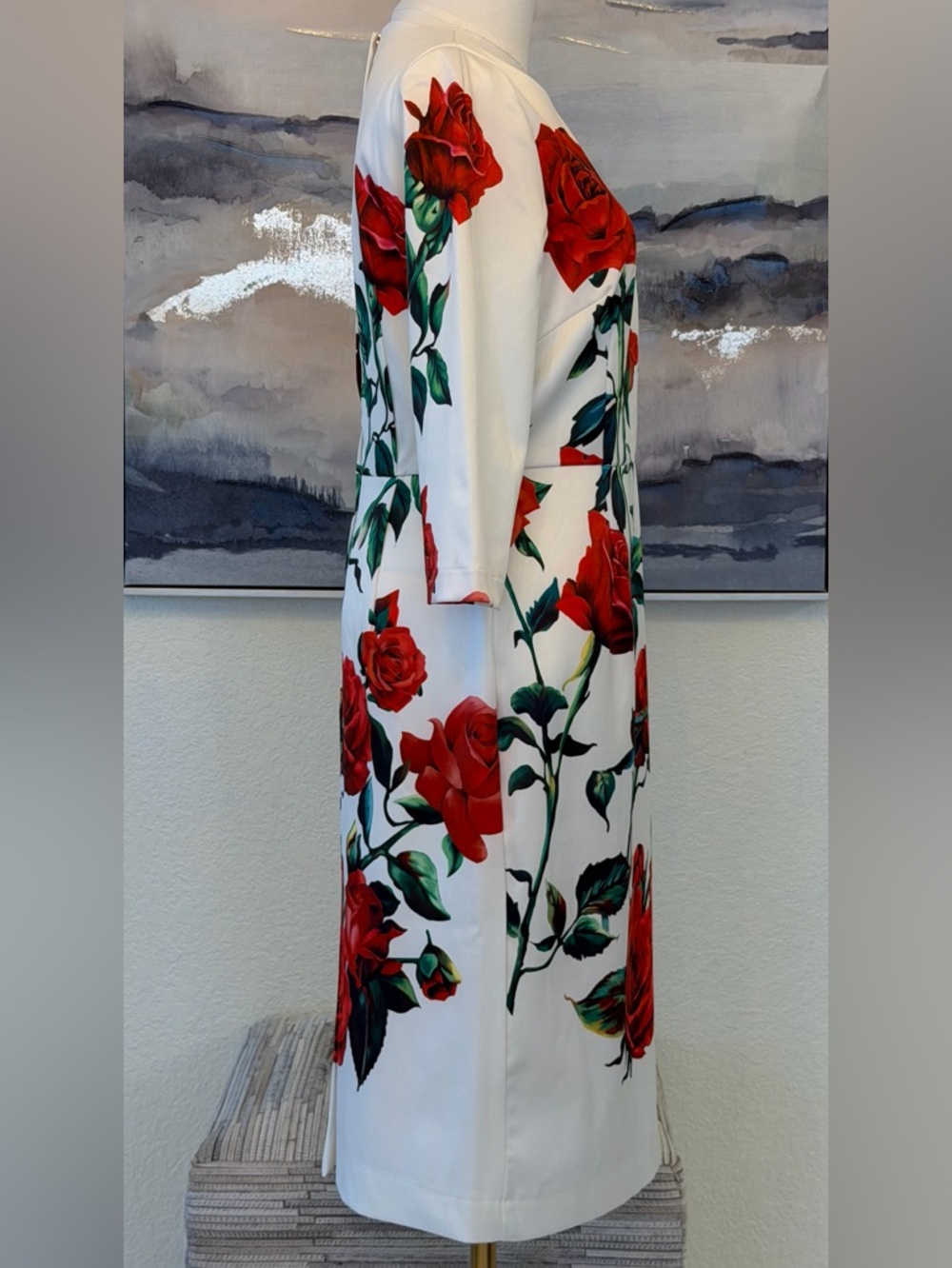 White Sheath Dress Red Rose Print Elegant Floral Midi - Designer Inspired - Picture 6 of 16